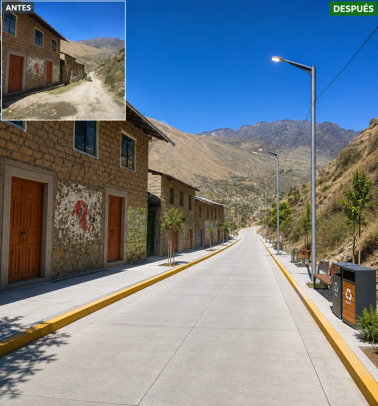 Comparación referencial del séptimo tramo vial de Quetapalo antes y después de la propuesta