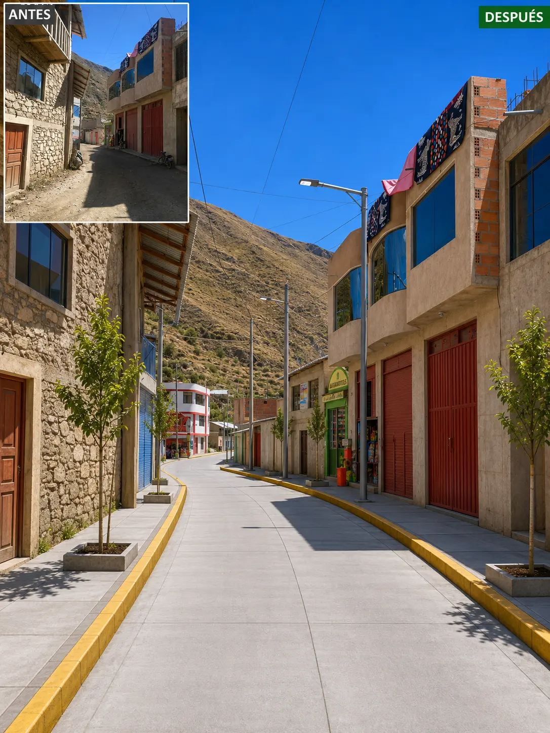 Comparación referencial del undécimo tramo vial de Quetapalo antes y después de la propuesta